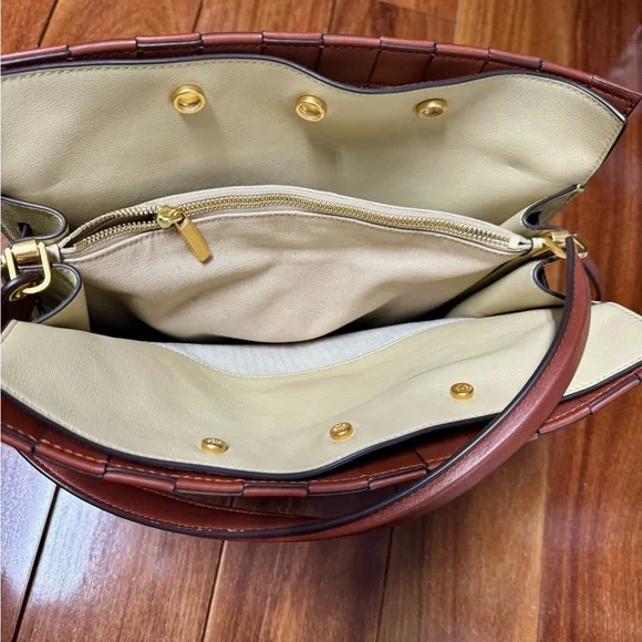 Tory Burch Lee Radziwill Woven Leather Shoulder Bag in Brown with Gold Hardware - Picture 3 of 6